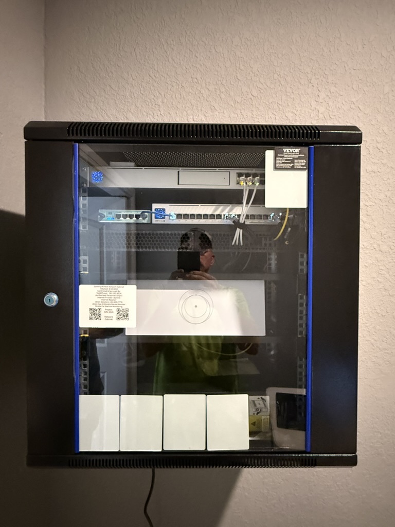 Secured rack cabinet showing installed network equipment.
